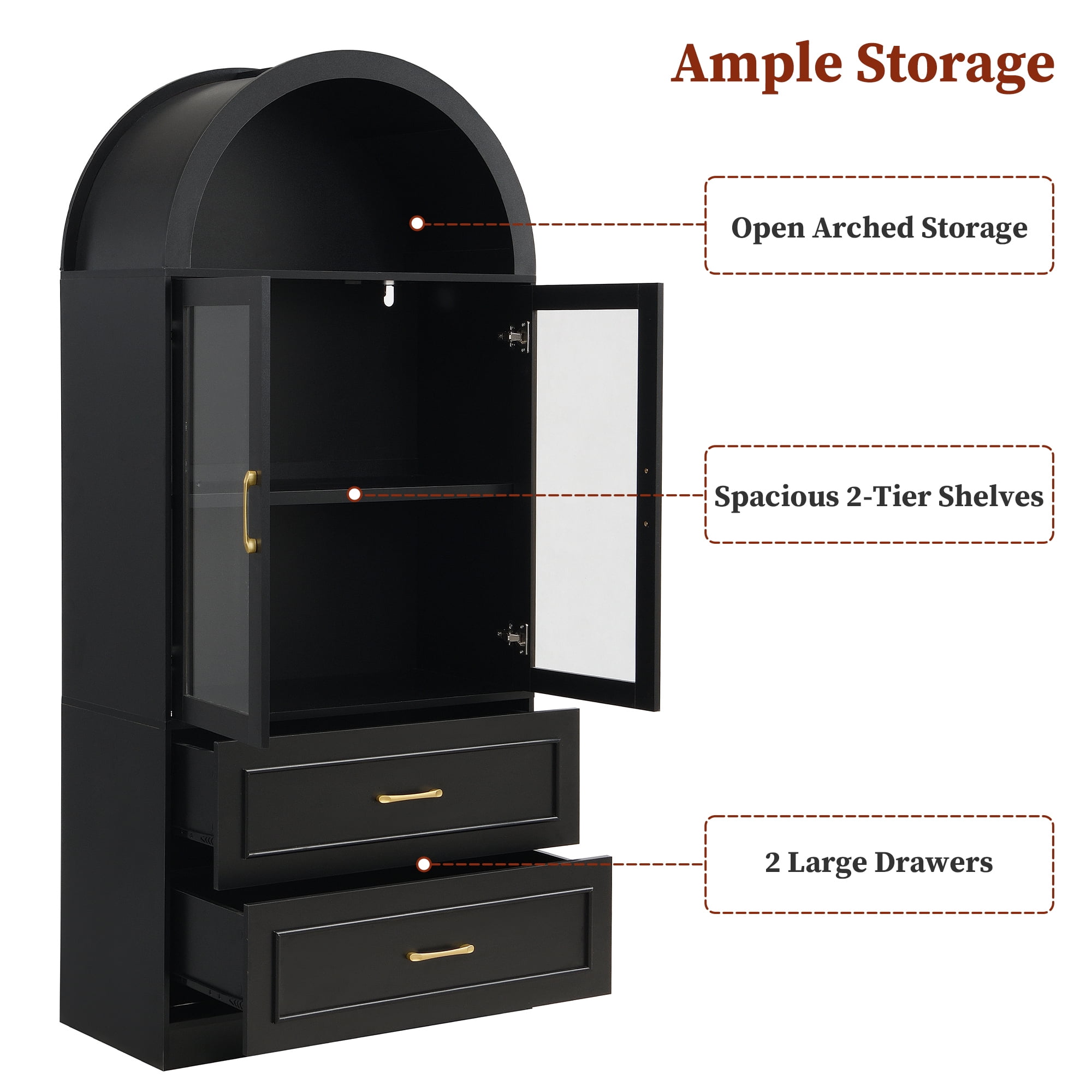Euroco 71.25" Tall Arched Kitchen Pantry Cabinet,Farmhouse Wood Arched Storage Cabinet with Glass Door & 2 Drawers for Kitchen & Living Room,Black