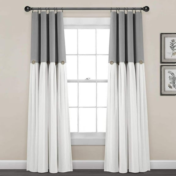 Linen Button 100% Lined Dark Gray/White 84 in. L x 40 in. W Blackout Single Panel Window Curtain