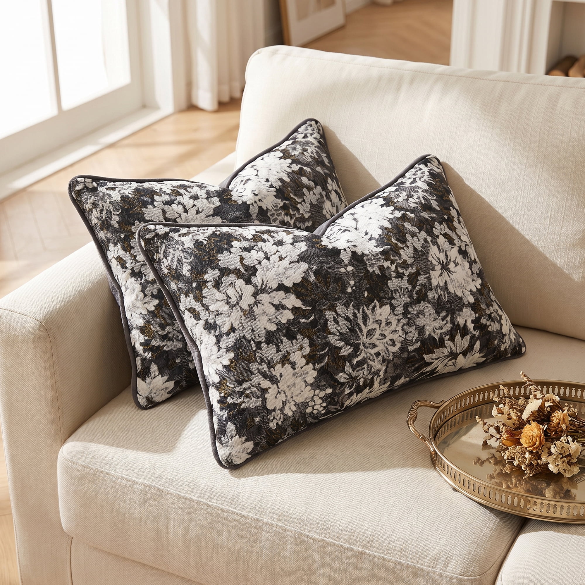 Unique Bargains Floral Throw Pillow Cover with Piped Edge Decor Cushion Case Black 20"x12"