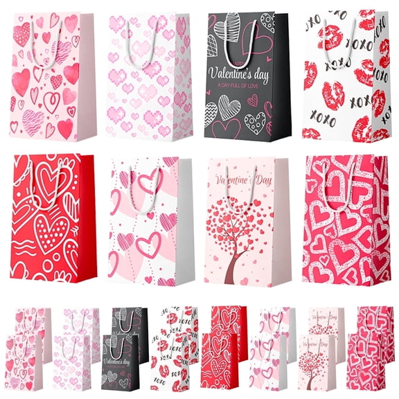 24 Pcs Valentine's Day Paper Gift Bags with Handles, 8 Romantic Designs Valentines Treat Bags - Perfect for Party Favors, Candy, Small Gifts, Wedding Anniversary Decor