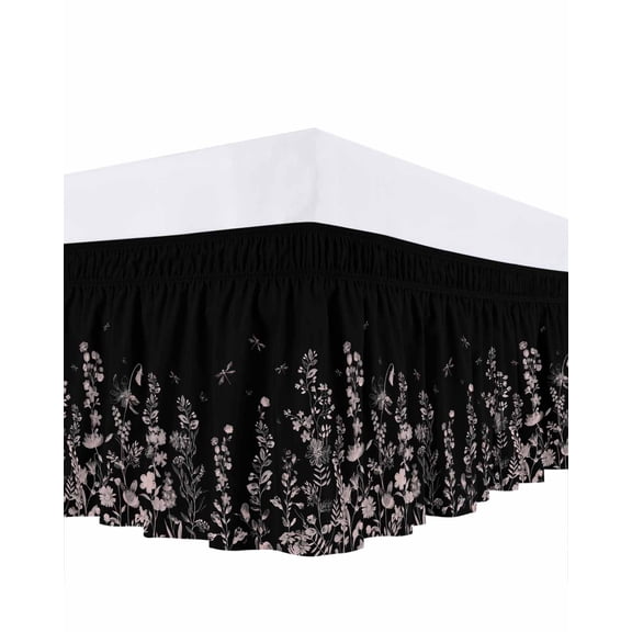 Pink Flowers Floral Bed Skirt California King Size 16 Inch Drop, Dragonfly Black Background Plant Adjustable Elastic Dust Ruffles Bedskirt Wrap Around Pleated Mattress Frame Cover