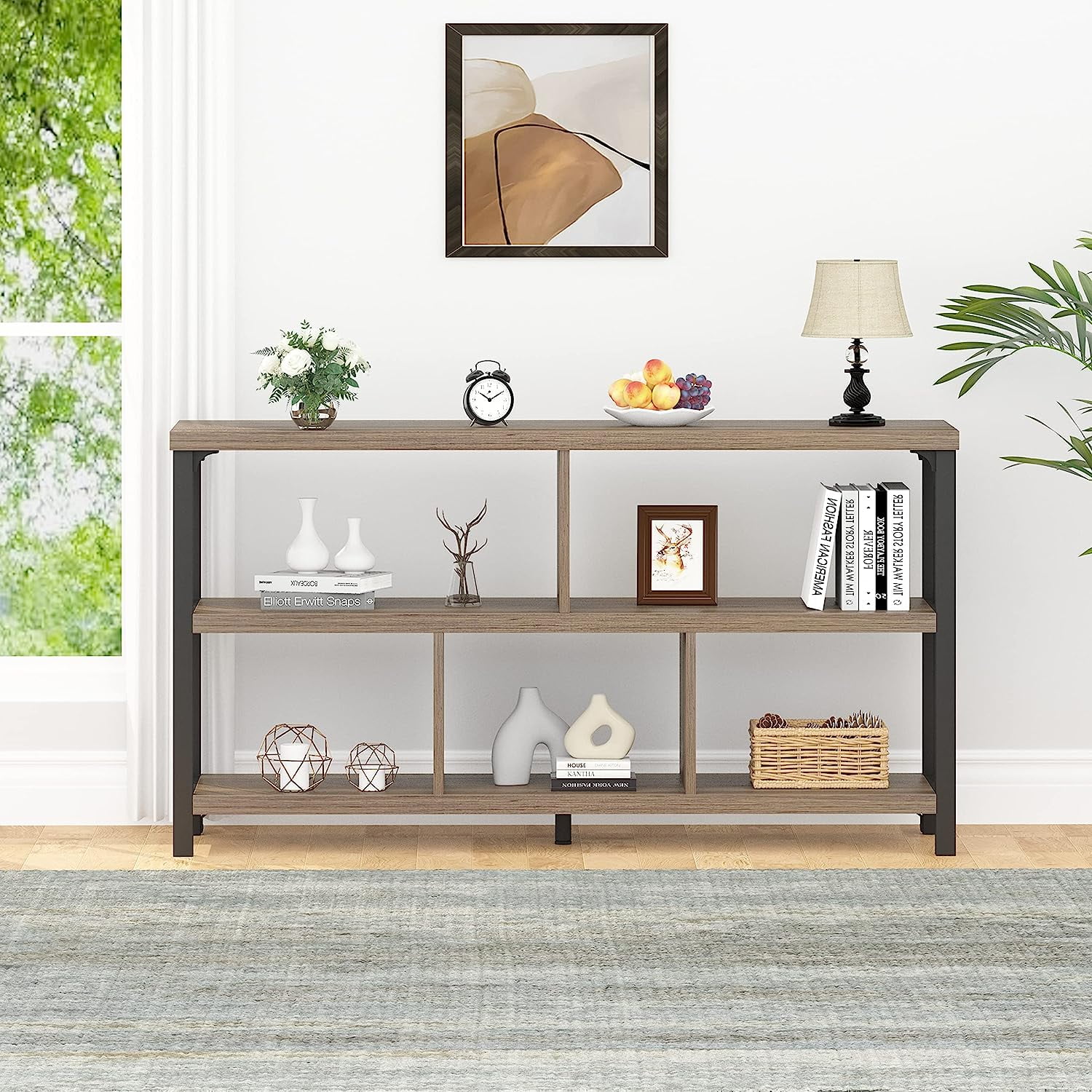 5 Cube Storage Organizer, Industrial Low Horizontal Bookshelf, Modern