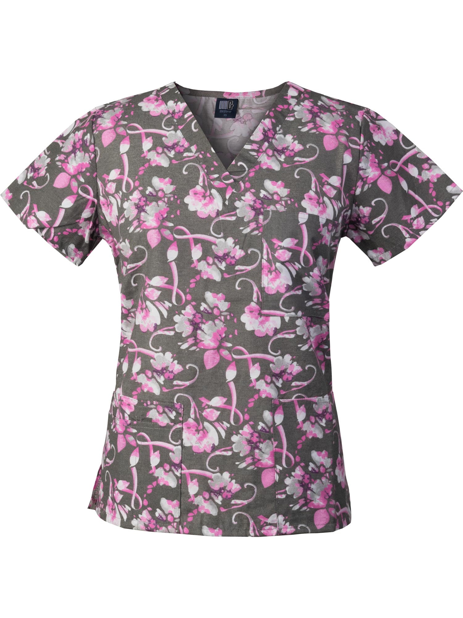Specialty Breast Cancer Print Scrub Top Flowers & Ribbons Mockwrap