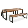 thumbnail image 3 of 3 Pcs Outdoor Dining Table Set With 2 Benches, Unique Top Texture, Acacia Wood Top & Steel Frame, For Outdoor & Indoor, Natural, 3 of 13