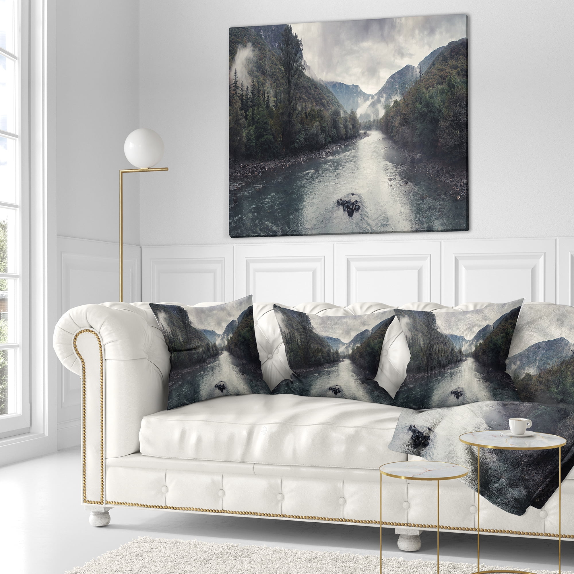 Designart Mountain River with Fog and Rain - Modern Seascape Throw Pillow - 16x16