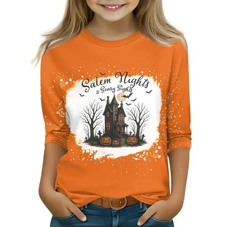 Abcomgle Halloween Shirts for Kids Boys Spooky Gothic Haunting House T-Shirts for Kid Girls Crewneck 3/4 Sleeve Tshirts for Girls Fall Funny Scary Blouses for Girls 9-10 Years