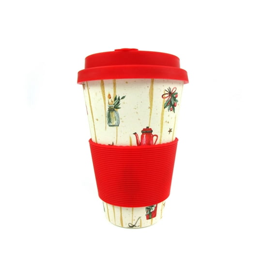 Eco-Friendly Reusable Plant Fiber 14 oz Travel Mug with Christmas Vintage Red Truck Barnyard Style Design