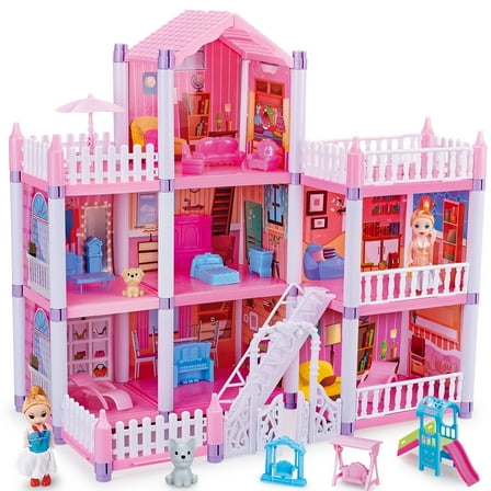 Huge Doll House - 143 PCS Large Dollhouse with Full-Plastic, 7 Rooms Playhouse with Furniture and Accessories,Girl toys for Age 3-8