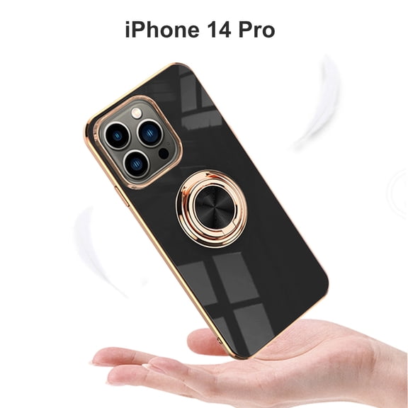 SaniMore Case for iPhone 14 Pro 6.1", Shockproof TPU Backplane Eletric Plating Border 360 Degree Rotating Ring/Holder Stand Feature Magnetic Car Mount Anti-drop Heavy Duty Protective Case,Black