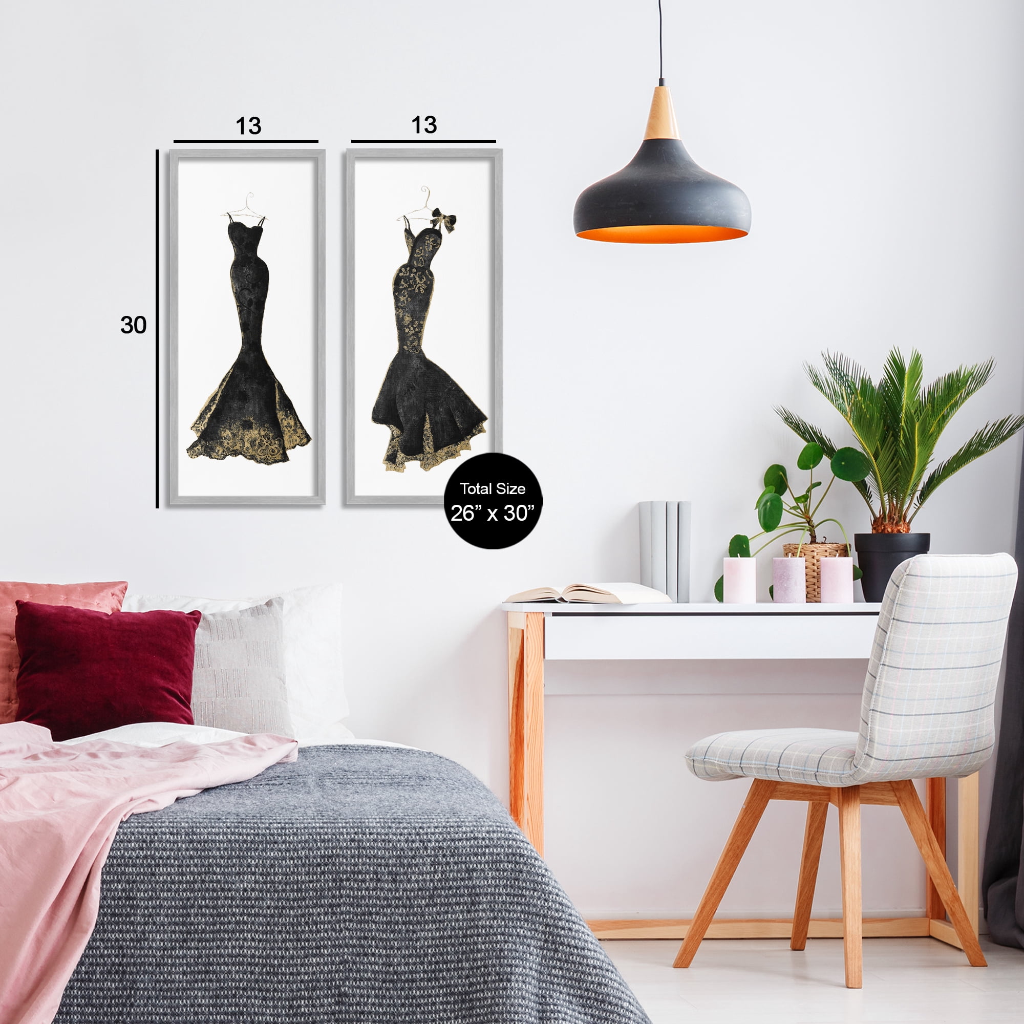 Stupell Industries Gilded Black Evening Gowns 2 Piece Gray Framed Giclee Art Set, design by Janet Tava