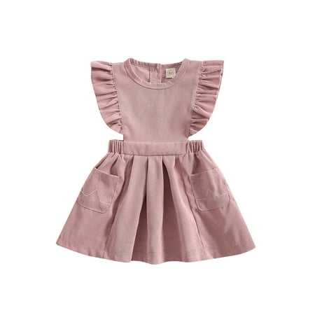 

Frobukio Kids Toddler Girls Corduroy Dress Fly Sleeve Crew Neck Solid A-line Dress Princess Dress with Pockets Pink 18-24 Months