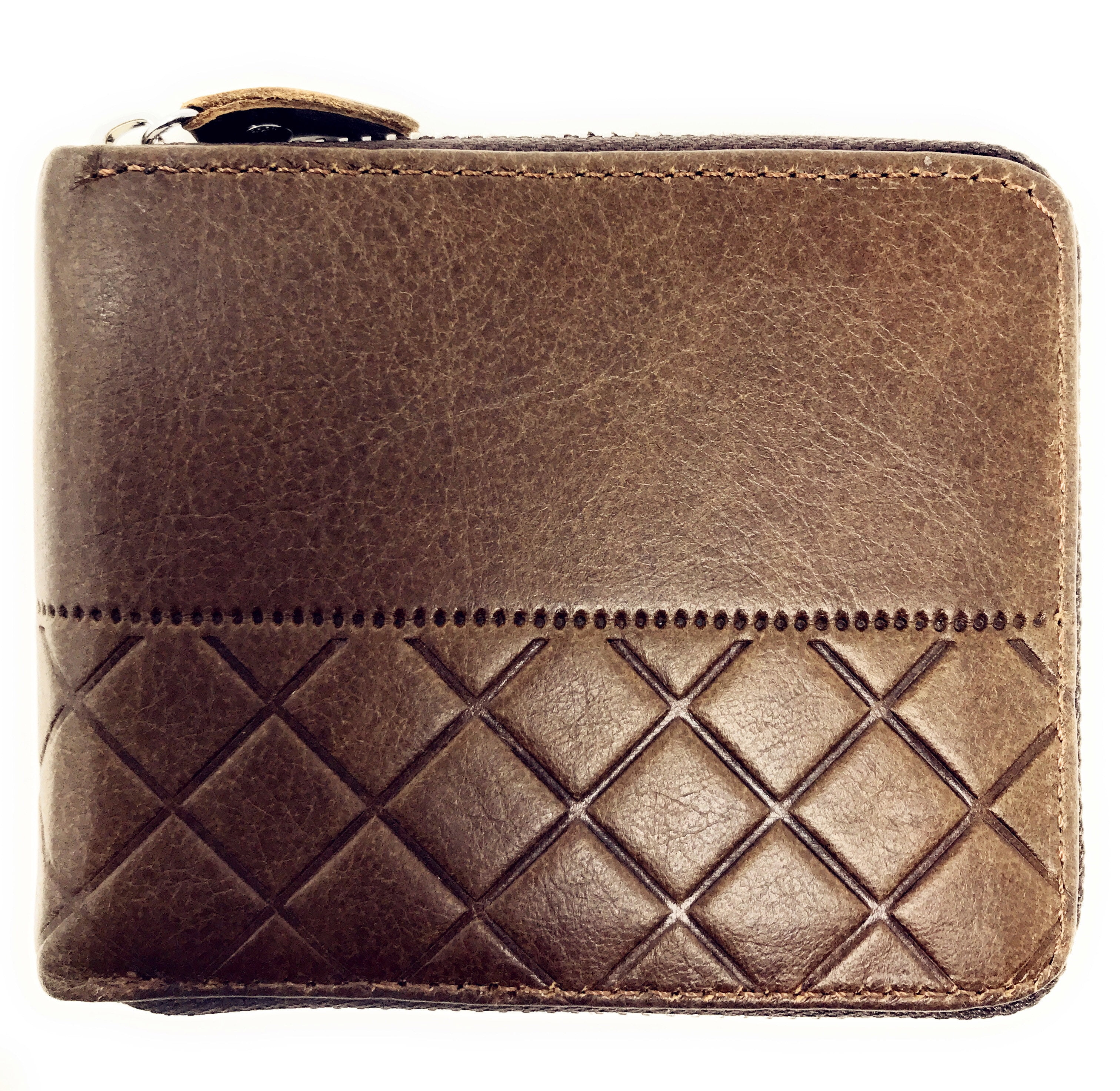 Mens Genuine Leather Zip Around Diamond-Shaped Embossing Short Bifold Wallet  