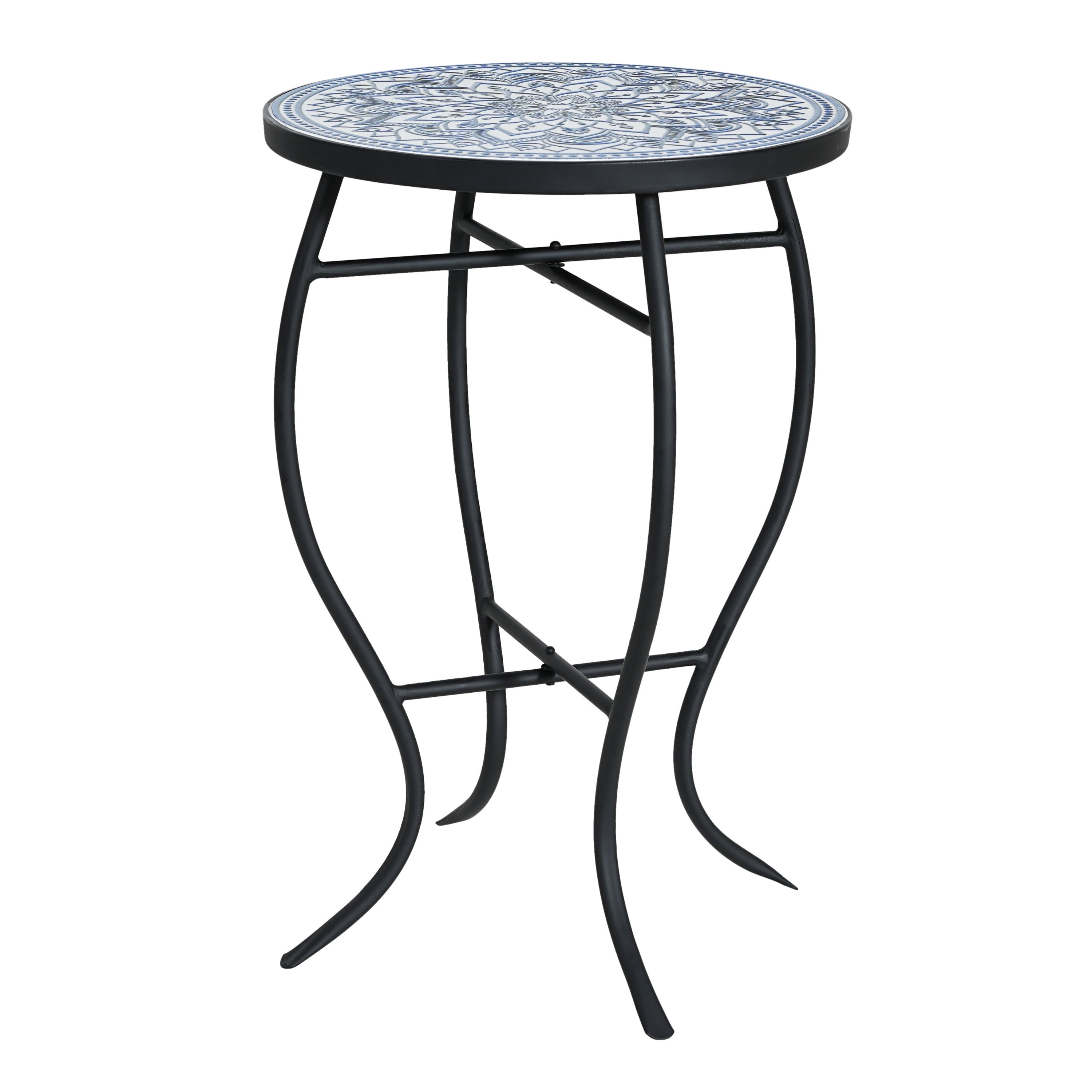 Outdoor Round Mosaic Top Iron Leg Side Table for Patio Garden, Blue