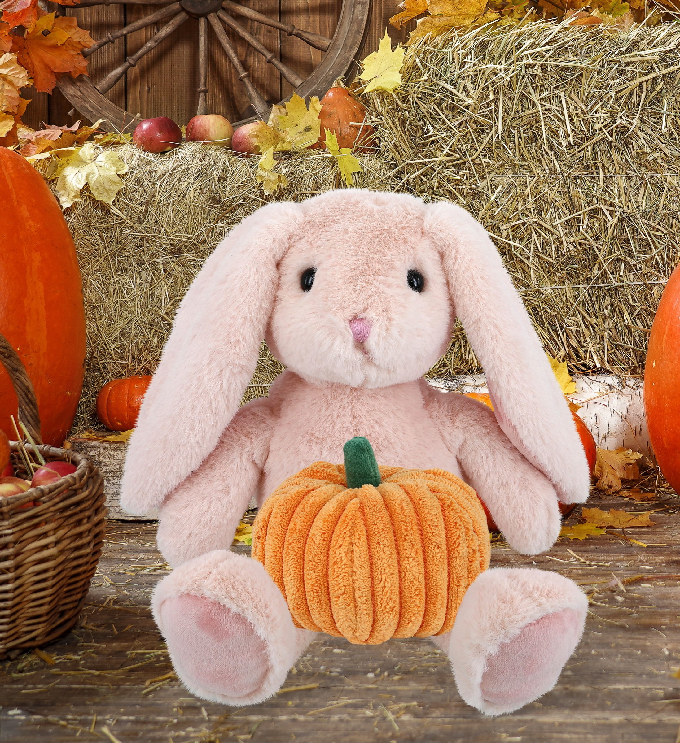 DolliBu Super Soft Baby Pink Rabbit Stuffed Animal with Pumpkin Plush Decor - Rabbit Pumpkin Plush Animal for Fall, Halloween and Thanksgiving, Pumpkin Plush Toy for Baby, Kids, Adults - 8 Inches