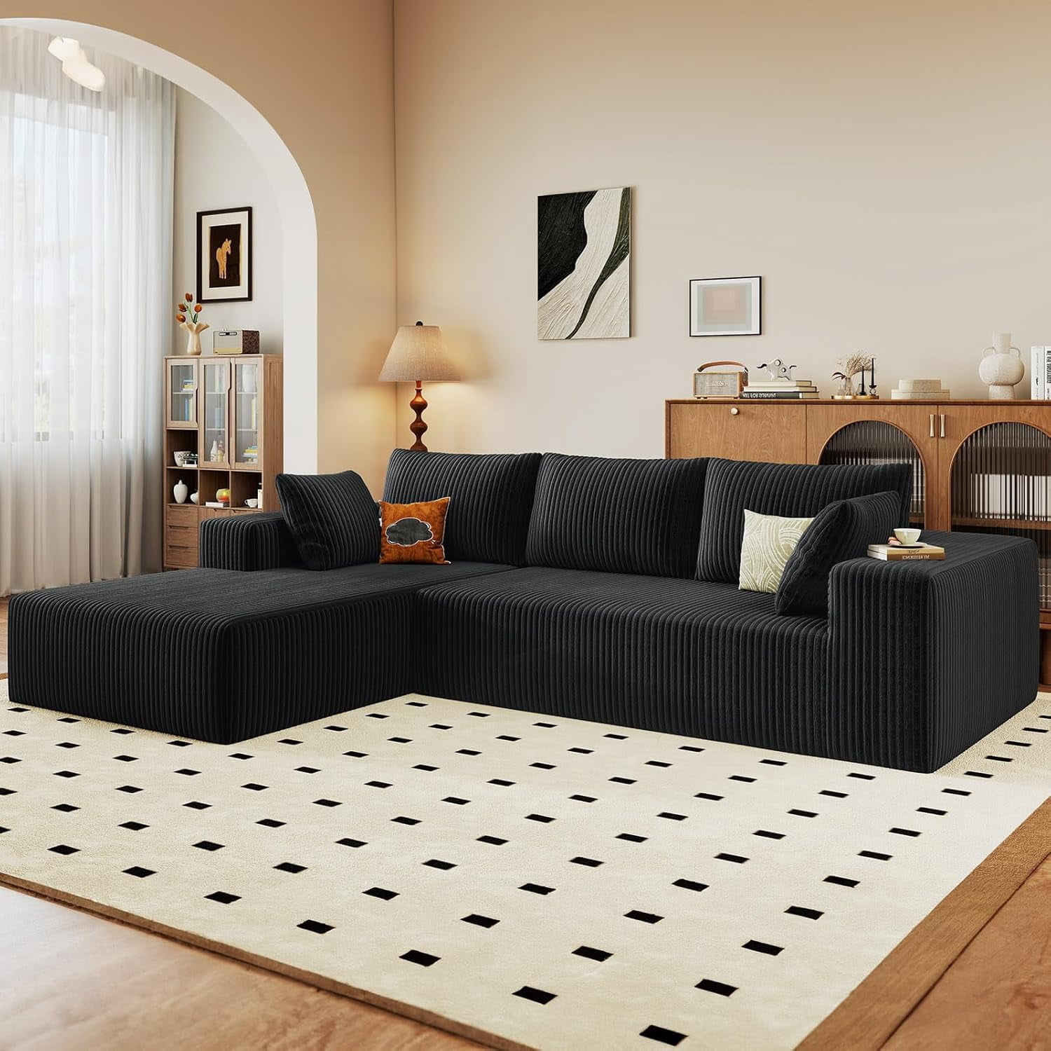 ODUWA 96" L-Shaped Sectional Sofa with Chaise, Corduroy Upholstery, No Assembly, Black