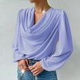 thumbnail image 2 of XFLWAM Cowl Neck Ruched Tops for Women Elegant Satin Silky Draped Shirts Long Sleeve Solid Color Business Work Blouses Blue XL, 2 of 7