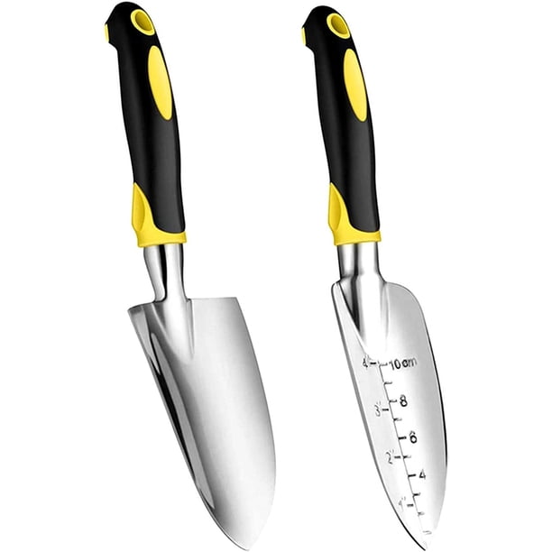 Paleta de jardín, pala de mano, 2 piezas de aluminio fundido resistente con mango de goma suave, herramientas de jardín, paleta de mano pequeña para mujeres, hombres y niños, jardinería