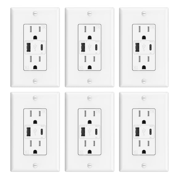 Salida USB ThraWing de 15 A con puertos USB C y USB A de 21 W, color blanco, paquete de 6
