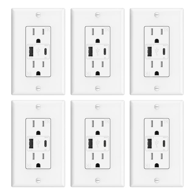 Salida USB ThraWing de 15 A con puertos USB C y USB A de 21 W, color blanco, paquete de 6