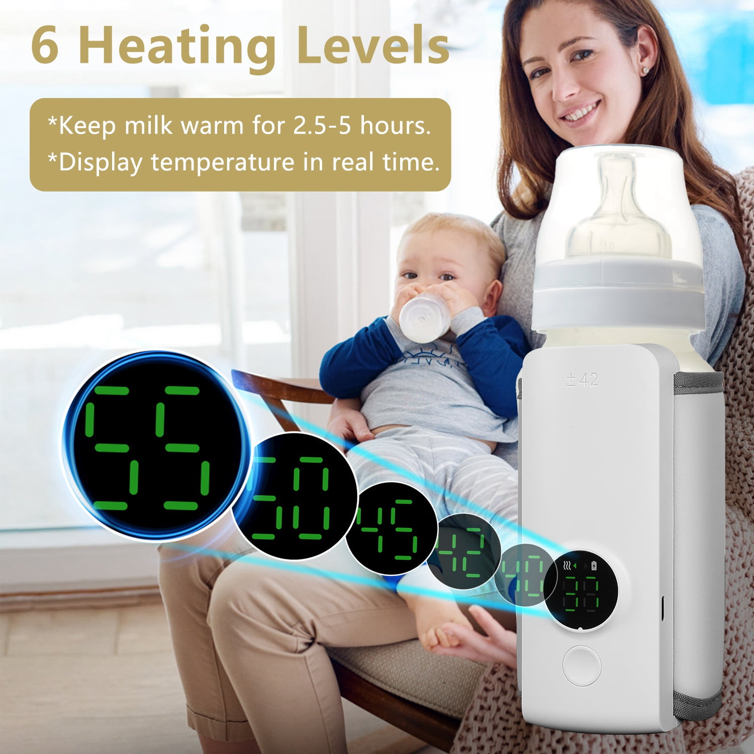Portable Bottle Warmer for Travel, TeqHome USB Rechargeable Baby Bottle Warmer 6 Heating Levels for Milk Breastmilk White