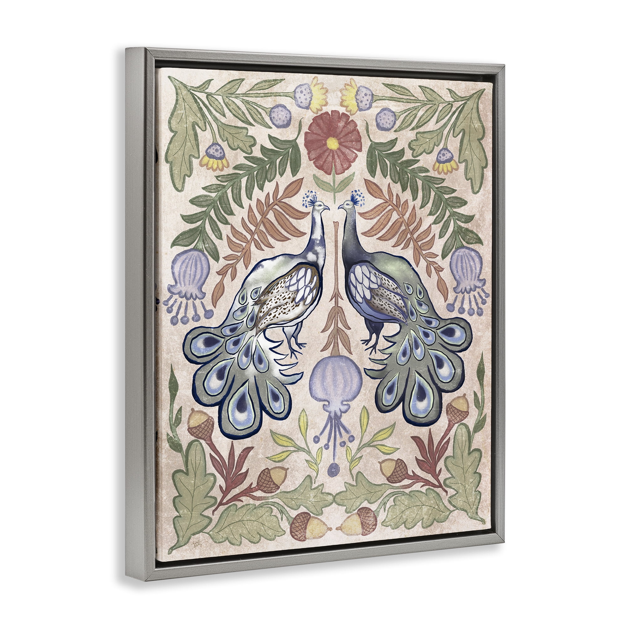 Stupell Industries Symmetrical Peacock & Flower Pattern Gray Framed Floater Canvas Wall Art, design by Elizabeth Medley
