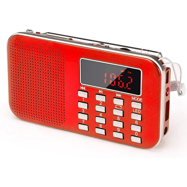 Mini radio portátil FM Radio de bolsillo con linterna LED, altavoz de radio digital compatible con tarjeta Micro SD/TF/USB, ahorro de escaneo automático, funciona con batería recargable de 600 mAh Adepaton HMKY190-2