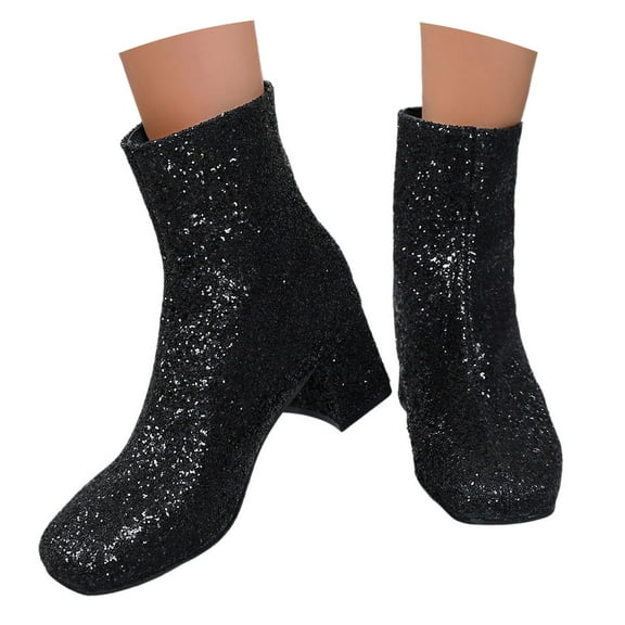 Womens Carnival Shoes Ladies Fashion Solid Color Sequin Thick Heel Zipper Short Boots Shoes