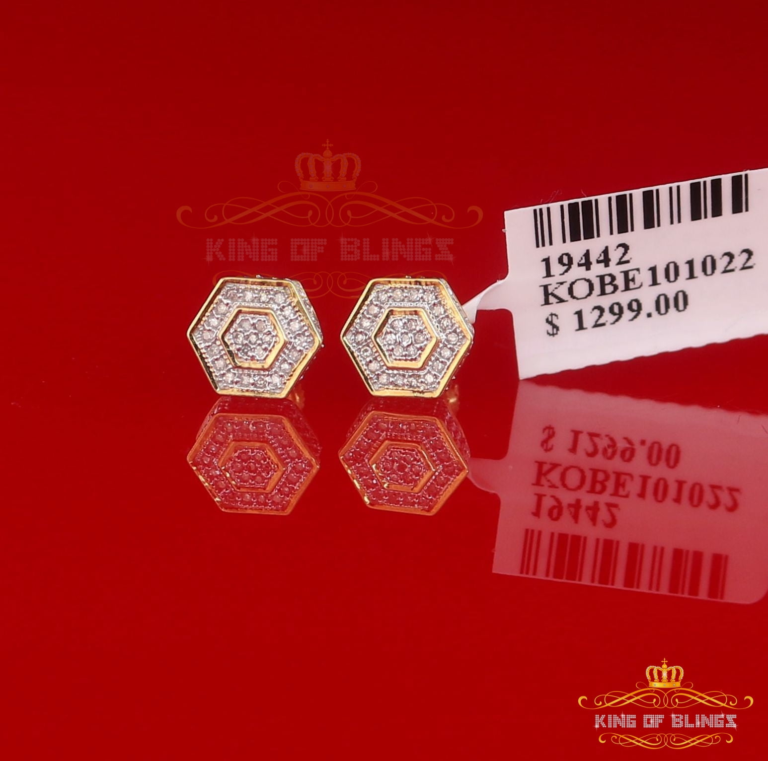 King of Bling's 10K Real Yellow Gold with 0.10CT Real Diamond Men's/Women's stud Hexagon Earring