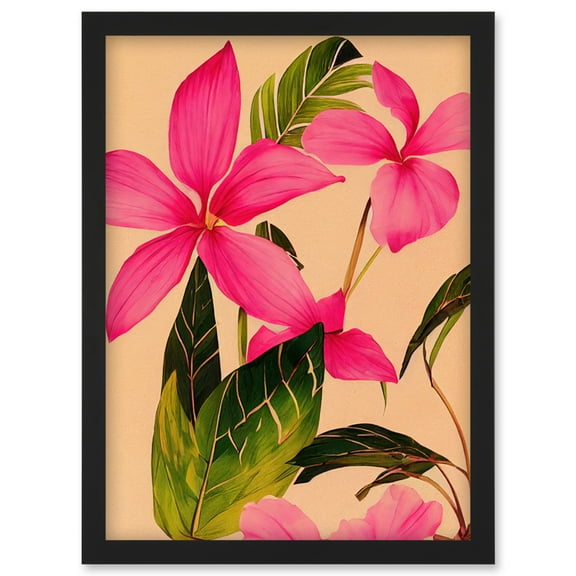 Exotic Pink Plumeria Flower Plant Blooms Watercolour Pencil Illustration Artwork Framed Wall Art Print A4