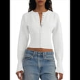 thumbnail image 2 of Suéteres Cortos para Mujer, con Botones, Larga, Cuello en V, Punto Acanalado, Corte Ajustado, Tops Cortos S, 2 of 10