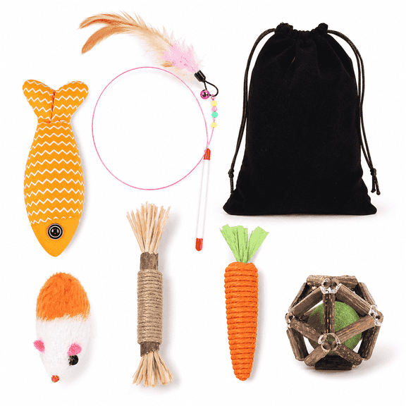 Cat Toys for Indoor Cats, 7 Pcs Interactive Cat Toy Set with Storage Bag, Feather Wand, Catnip Fish, Chew Stick, Sisal Carrot, Plush Mouse and Rattan Ball