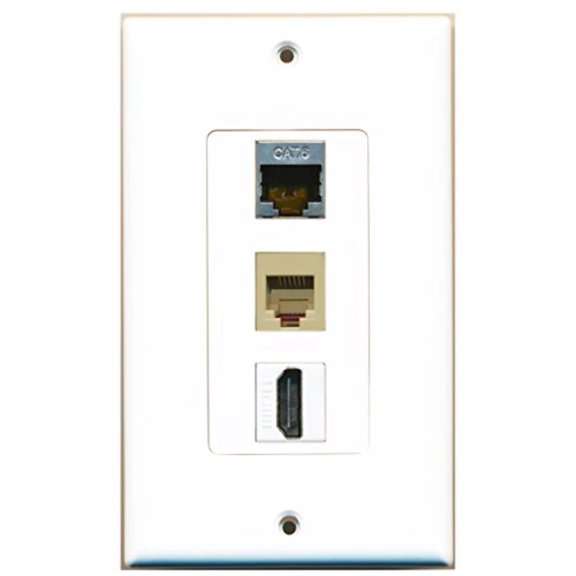 RiteAV - 1 Port HDMI and 1 Port Phone RJ11 RJ12 Beige and 1 Port Shielded Cat6 Ethernet Decorative Wall Plate Decorative