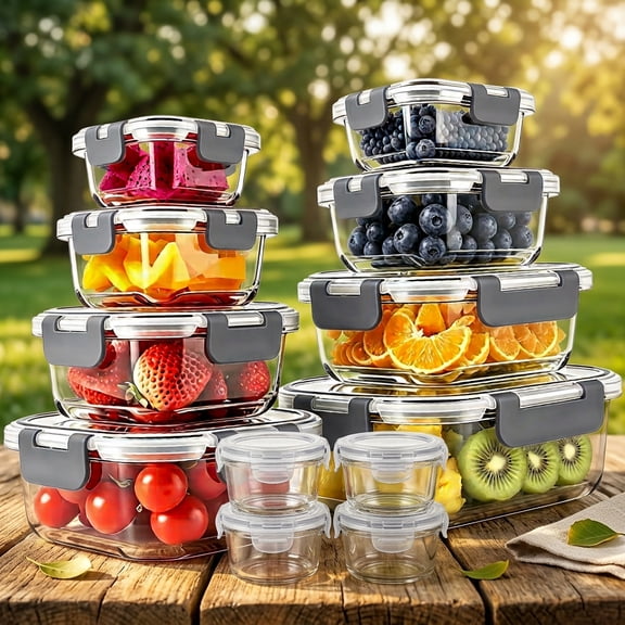 24 Pcs Airtight Glass Food Storage Containers - Glass Meal Prep Containers - Freezer to Oven Safe - Steam Release Valve BPA Free - Airtight Bento Boxes - Leak Proof (12 lids & 12 Containers)