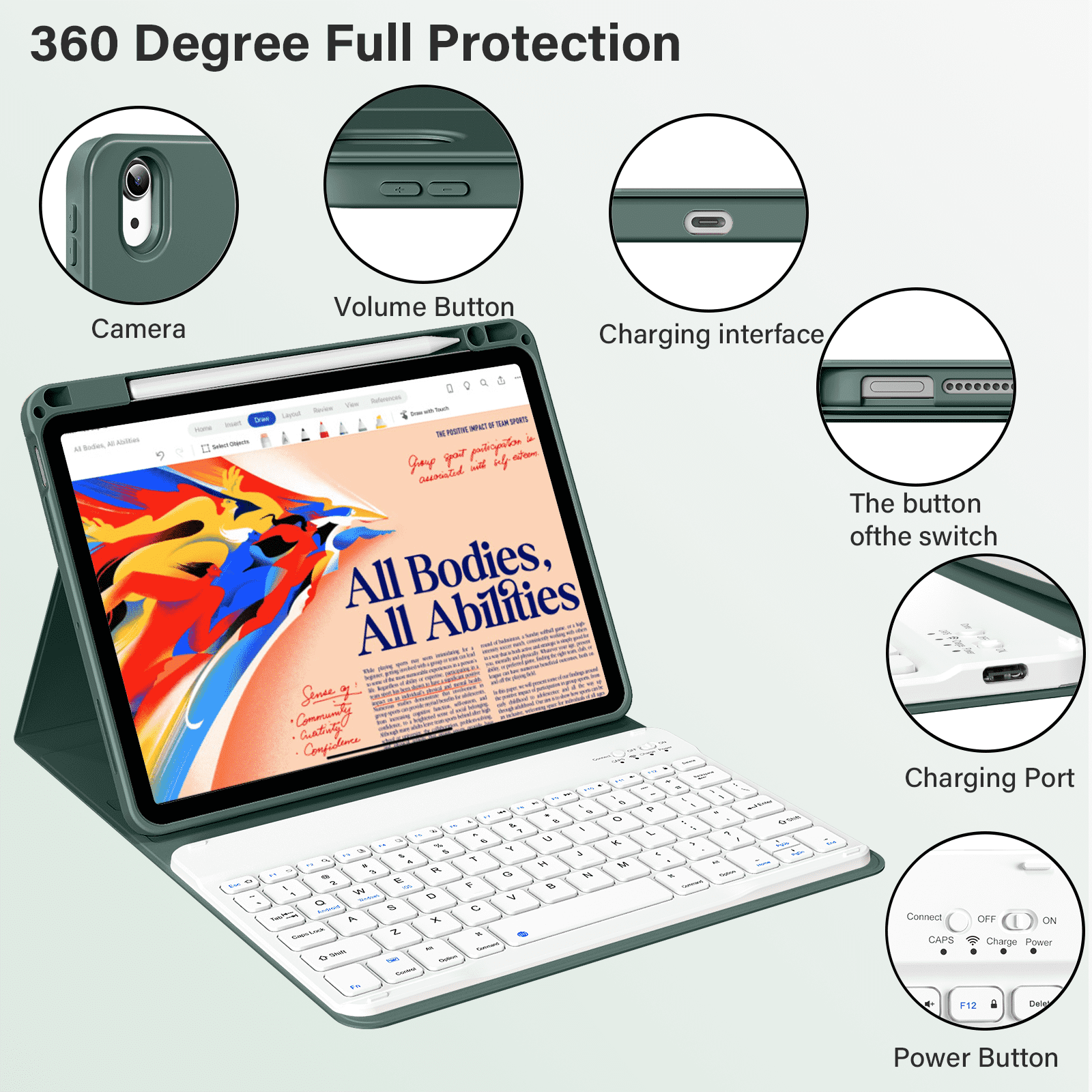 Kenke Keyboard Case iPad Air 11 Inch M4/M3/M2 (2026/2025/2024), iPad Air 5/4th Gen (2022/2020) 10.9 Inch, Detachable Bluetooth Keyboard Rechargeable with Right Side Pencil Holder & Groove, Dark Green