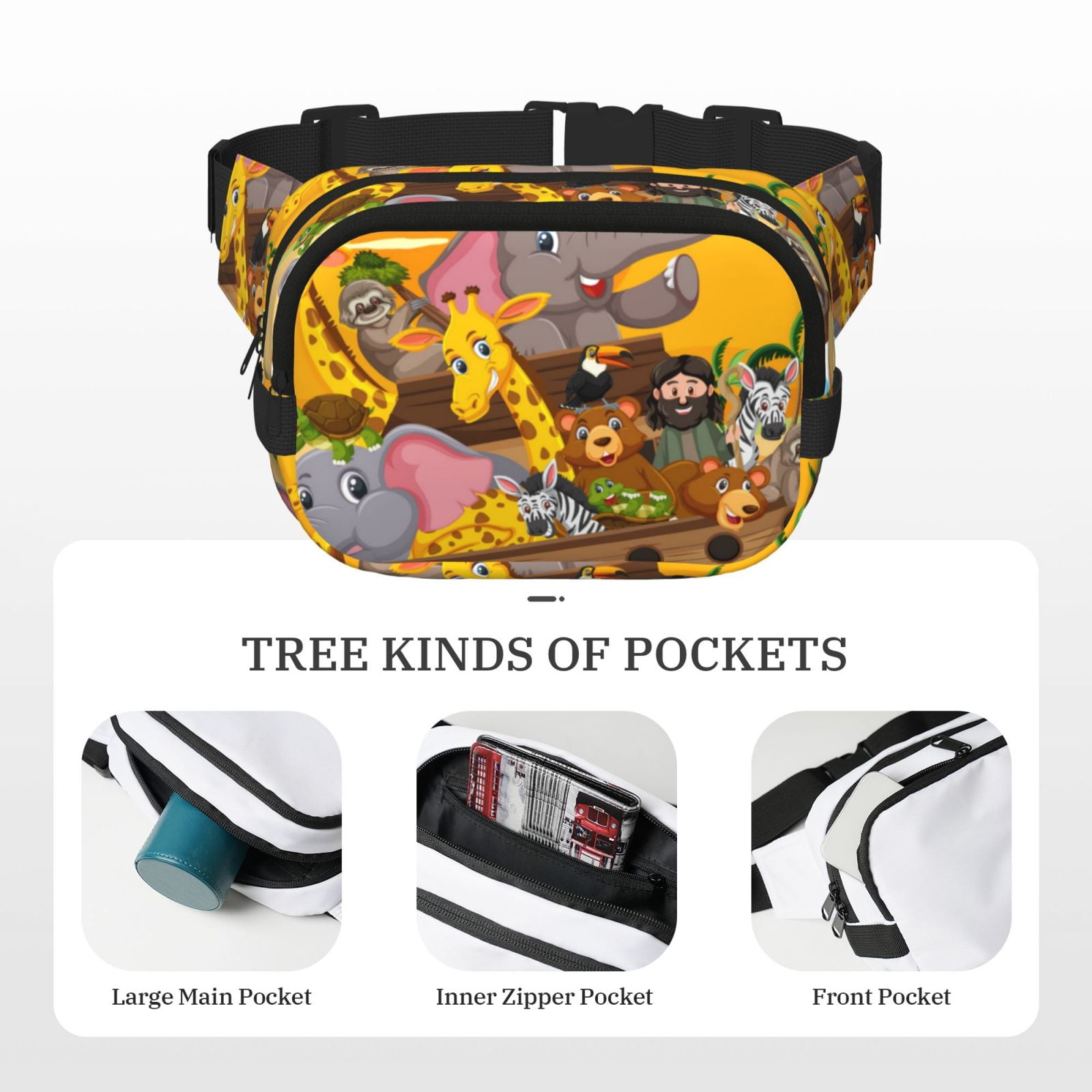 Picia Animals on Noah's Ark1 Print Square Double-Layer Waist Bag Mini Adjustable Waist Belt Bag Exercise Running Travel Hiking