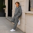 thumbnail image 6 of Kids Boys 2 Piece Waffle Knit Outfit, Quarter Zip Pullover Hoodie with Pocket & Elastic Waist Sweatpants, Soft Casual Sport Tracksuit Dark Gray 5 Years, 6 of 9