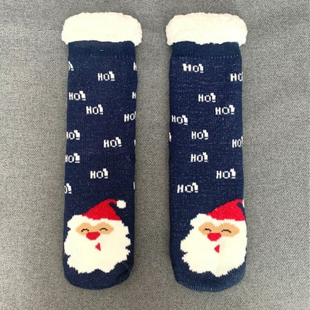 

1 Pair Floor Socks Christmas Santa/Reindeer/Rabbit Thickened Sherpa Lining Mid-calf Stretchy Cold Resistant Non-slip Winter Thermal Women Indoor Home Slipper Sleeping Socks for Daily Wear Navy Blue