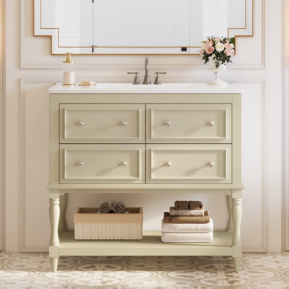 Fnova 36" Solid Wood Frame Bathroom Vanity with Ceramic Sink, Freestanding Modern Bathroom Storage Cabinet with 4 Soft-Close Drawers, Beige