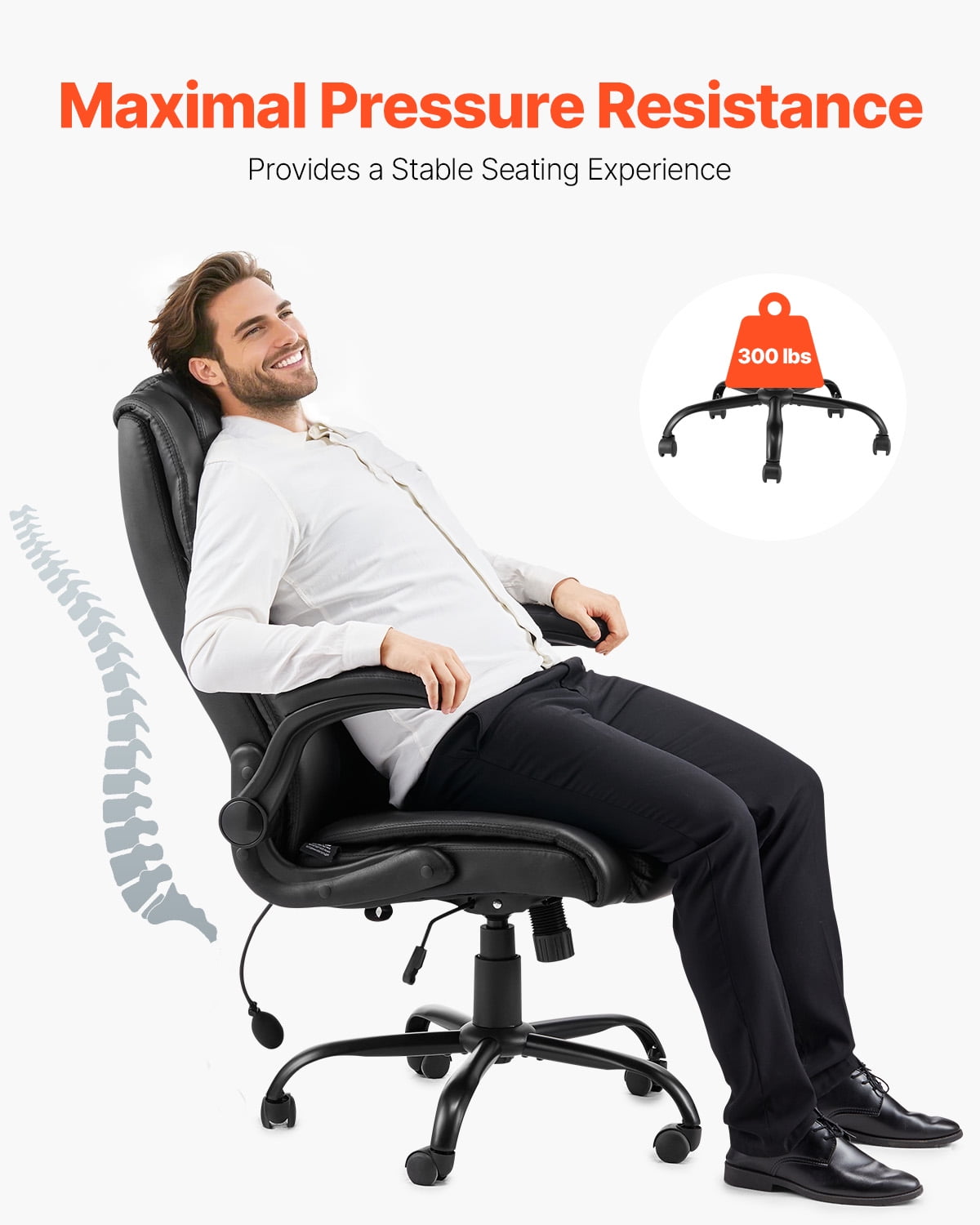 VEVOR Executive Office Chair with Lumbar Support, 300lb Capacity Office Chair with Flip-up Armrests & Lumbar Pillow, Height Adjustable Ergonomic Chair, PU Leather Reclining Home Office Desk Chairs