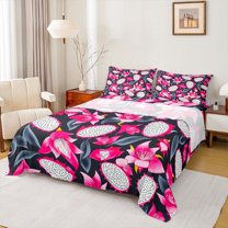 jejeloiu Pitaya Bed Sheets,Tropical Fruit King Sheets,Pink Black Sheet Set For Men Women,Super Cozy Room Decor,4-Piece