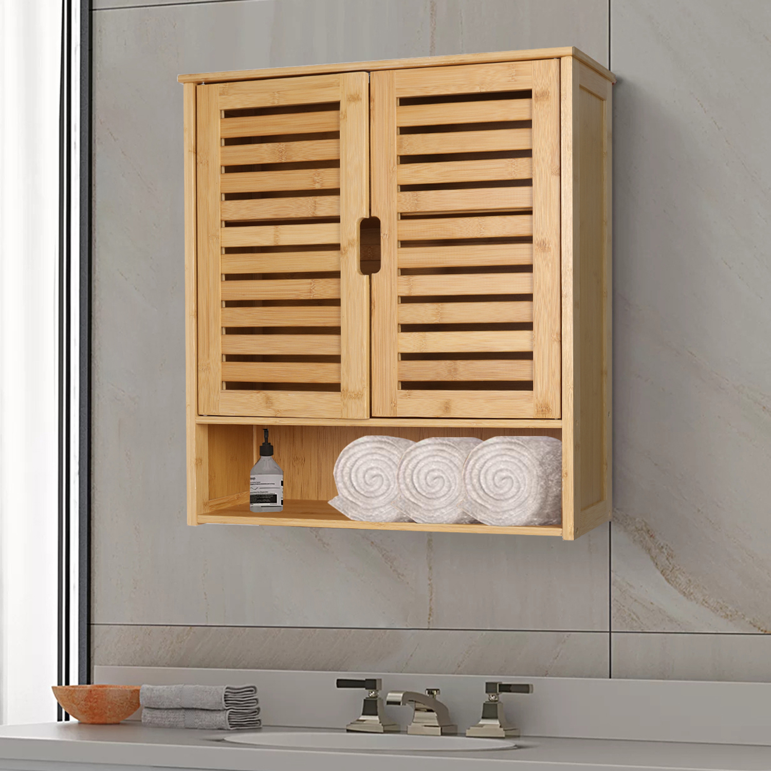 LUVODI Bamboo Bathroom Wall Cabinet Wall Mount Medicine Cabinet Storage Organizer with 3 Tier Adjustable Shelf