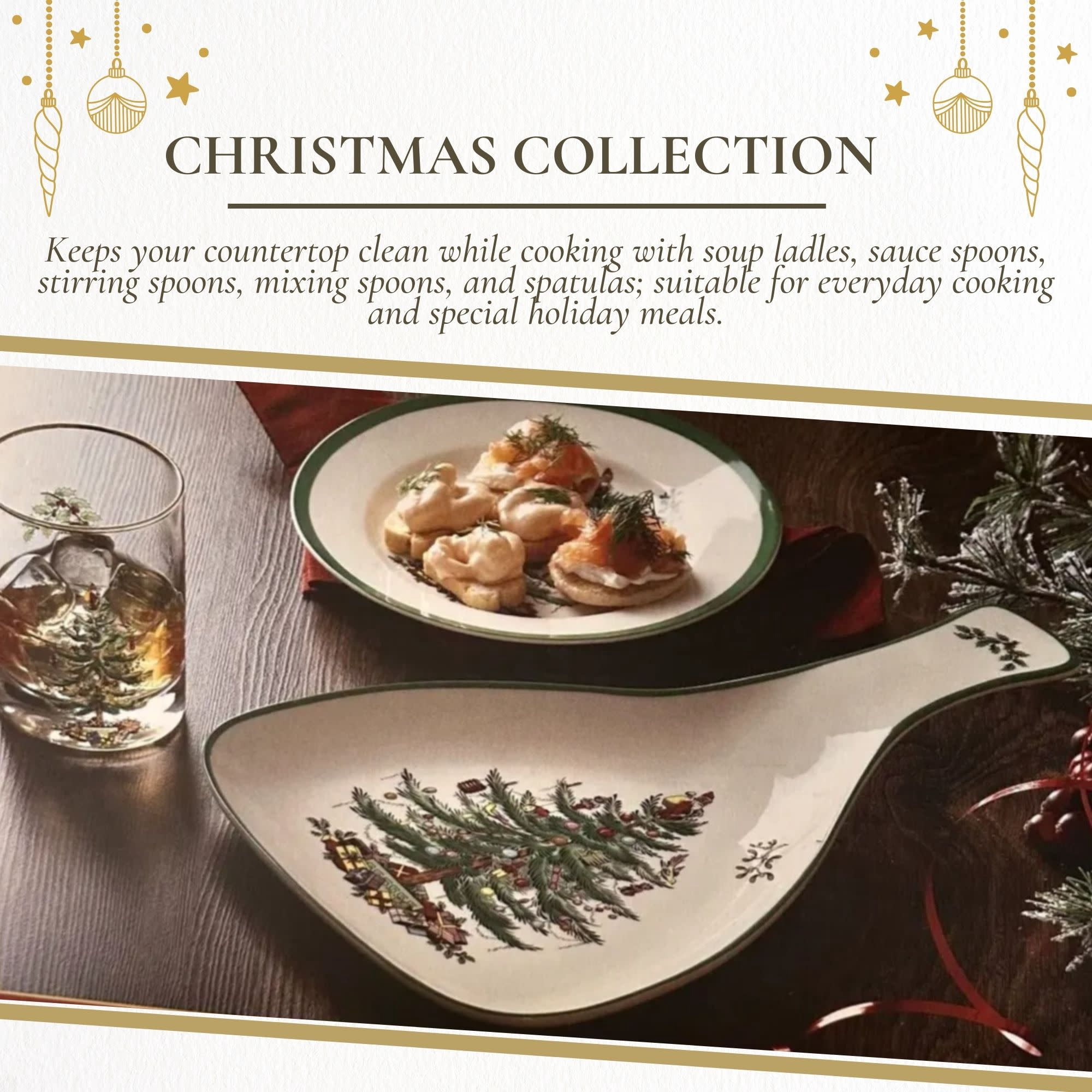 Spode Christmas Tree 13" Large Spoon Rest, Porcelain, Long Handle for Kitchen Utensils - Mess-Free Cooking, Holiday Spoon Rest for Kitchen Counter & Stovetop - For Spatula, Spoon, Tongs