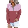 thumbnail image 2 of Fanxing Womens Color Block Hoodies Button Collar Drawstring Hooded Pullover Sweatshirt Casual Long Sleeve Sweater Tops Hot Pink M, 2 of 6