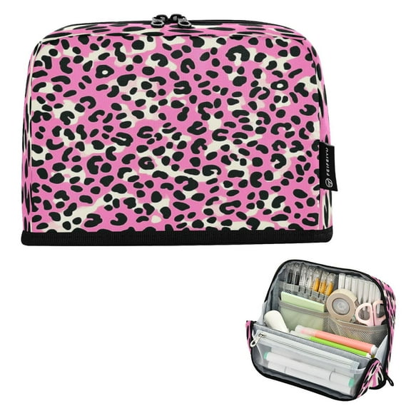 Standing Pencil Case with Base Large Capacity Stationery Pouch Pen Bag with Zipper for Women Men Pink and Black Leopard