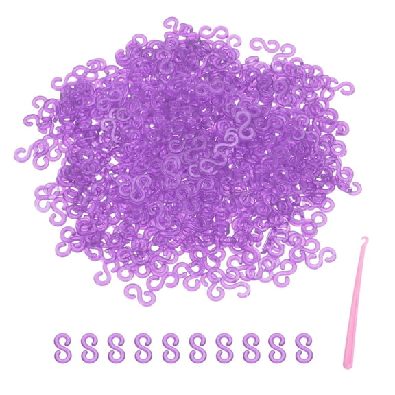 Uxcell S Clips for Loom Bracelets, Rubber Band Bracelet Clip Clear Plastic Connectors Refills Kit with Pink Crochet Hook for Loom Bracelets Making DIY(Purple, Pack of 1000)