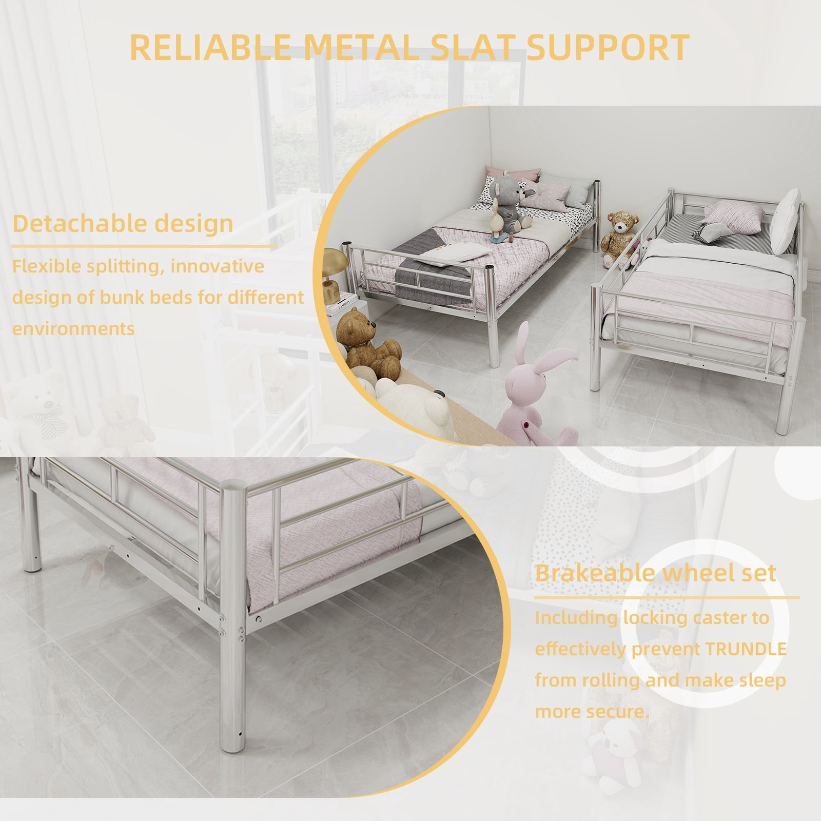 Alvantor Metal Bunk Bed Twin over Twin for Kids, Convertible 2 Beds, Heavy Duty Bed Frame with Under-Bed Storage for Bedroom Silver