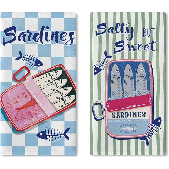 Sardines Can Beach Kitchen Dish Towels Set of 2, Vintage Coastal Salty But Sweet Fish Drying Hand Towel Baking Cooking Cloth, Nautical Seafood Plaid Stripes Bathroom Home Decor 18 x 26 Inches