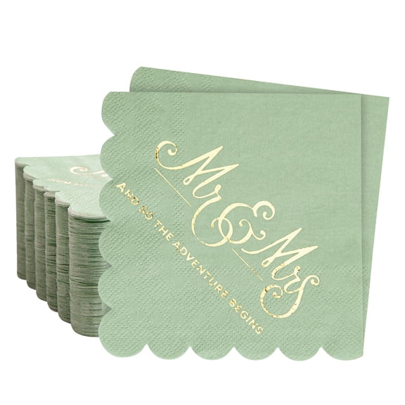 MyMealivos 20Pcs Scalloped Wedding Napkins Disposable, Gold Foil Mr and Mrs Sage Green Cocktail Napkins for Wedding Dinner Party