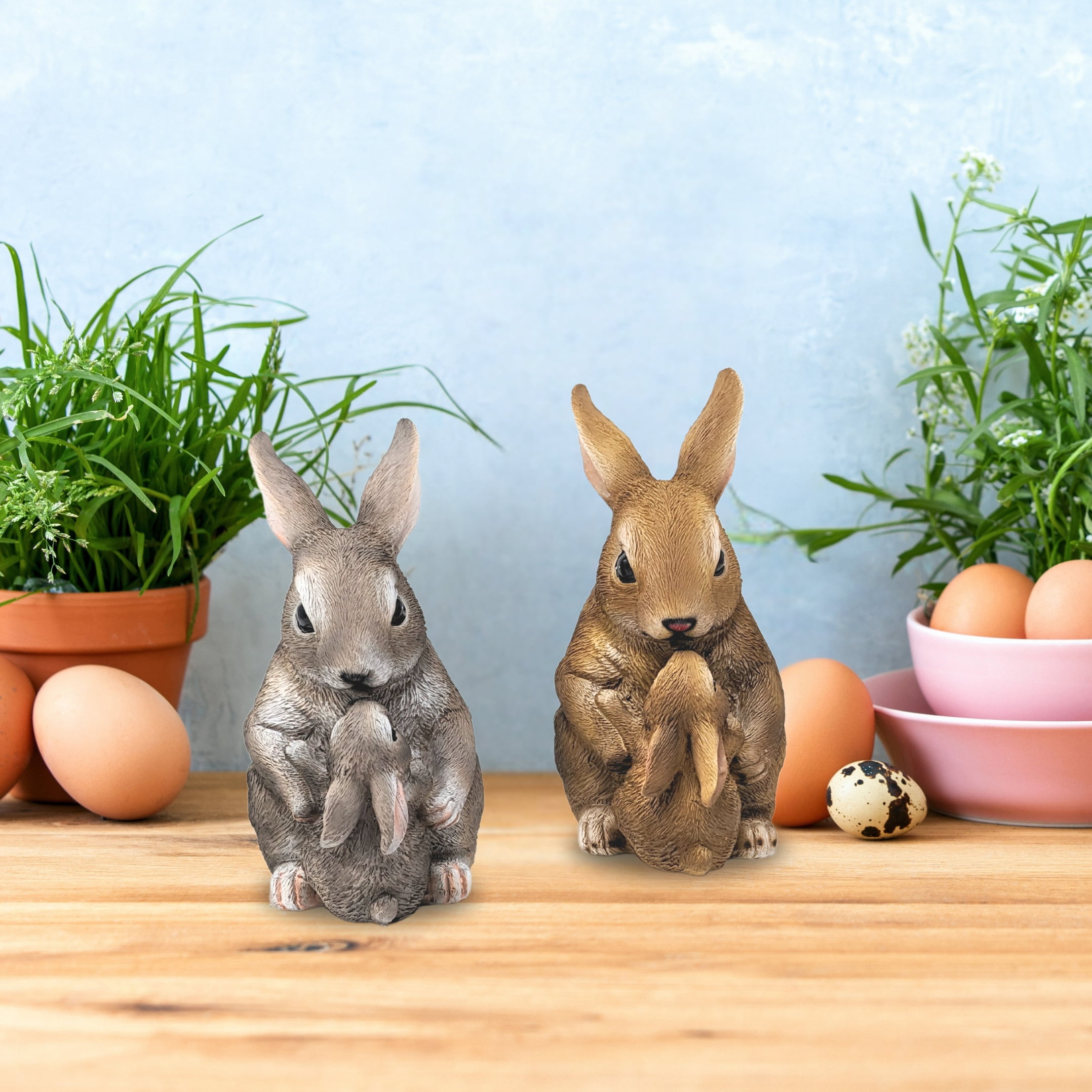2-Piece Mom & Baby Rabbit Figurines – Adorable Bunny Statues, Resin Animal Sculptures for Home, Indoor & Garden Décor – Cute Easter, Farmhouse, Rustic, and Woodland Decorations