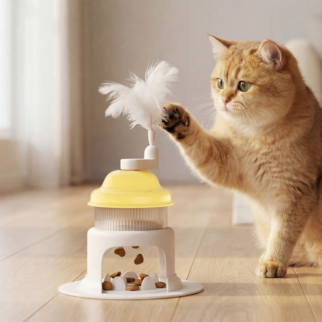 Juguete interactivo para gatos con afeitadora de hielo giratoria, plumas y campana - Dispensador automático de tarros y premios para entretenimiento interior